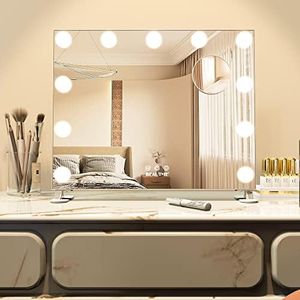 BEAUTME Vanity Mirror with Lights, Hollywood Mirror, Lighted Makeup Mirror with 11 Dimmable LED Bulbs, Tabletop or Wall-Mounted, Detachable 10x Magnification,Slim Metal Frame Design(48.5×41cm-Silver)
