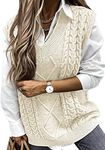 Sweezarmo Womens V Neck Cable Knit Beige Sweater Vest Solid Color Oversized Sweater Casual Sleeveless Pullover Tops for Women Beige X-Large