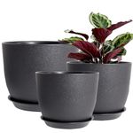 PROFIKLA 30cm, 25cm,23cm Plastic Plant Pots, Pack of 3 Planters, Large Plant Pots with Drainage Holes and Saucers, Modern Decorative Flower Pots, Black