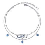 HOOHWE Sterling Silver Anklet Bracelet for Women Infinity Heart Layered Beaded Ankle Bracelet Cubic Zirconia Adjustable Summer Beach Foot Chain Anklets Jewelry Gifts Ocean Lover's Gift