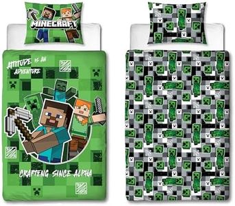 Character World Minecraft Official Single Duvet Cover Set | Block Check Gaming Design Reversible 2 Sided Bedding Including Matching Pillow Case | Single Bed Set