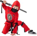 Udekit Deluxe Red Ninja Costume with Weapon Ninja Sword, Hood Pant and Ribbons for Kids Halloween Cosplay for Age 9 to 12