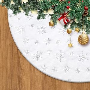 Ninonly Christmas Tree Skirt, 122 CM White Faux Fur Plush Christmas Tree Mat, Soft Xmas Tree Base Cover with Sequin Silver Snowflakes for Indoor Holiday Home Party Xmas Decoration