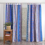 Ravaiyaa - Attitude is everything Hand Block Printed Cotton Parde Door Curtain Drapery Valance (Set of 2 Pcs) -7ft (Black Multicolor Floral) (Blue)