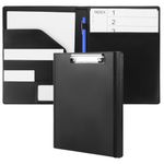 Clipboard Folder A4, PU Leather Portfolio Folder Foldover Clipboard with Writing Pad File Document Organiser with Elastic Band, Pen Holder for School Office Supply(Black)