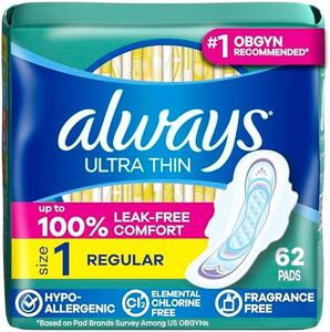 Always Ultra Thin Feminine Pads with Wings for Women, Size 1, Regular Absorbency, Unscented, Up to 100% Leak-Free Protection, 62 Count