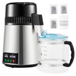 Uargd 1.1Gal Water Distiller, 750W Countertop Distilled Water Maker with Adjustable Timer, Temperature Display, Stainless Steel Build, Glass Carafe, Cleaning Powder, and Carbon Filters, Silver