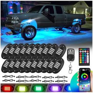 20 Pods RGB LED Rock Lights for Semi Trucks Offroad Pickup Trailer Sedan Boat, 12V Waterproof Dual Zone APP/RF Control Music Mode Brake Light Red Green Blue Underglow Neon Kit with Extension Wires