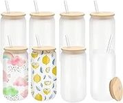 LATERN 8Pcs Sublimation Glass Cans, 520ml Frosted Sublimation Beer Can Borosilicate Glasses Tumbler Mason Jar Mug Cups with Bamboo Lids & Reusable Straw - for Juice Soda Coffee Iced Drinks