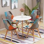 HomJoy Dining Table and 4 Chairs Set, Retro Patchwork Lounge Chair and 80cm Modern Round Kitchen Table with Solid Wood Legs (4 Chairs + Round Table)