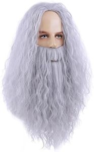 MAGQOO Mens Wig and Beard Long Curly Grey Wig Mens Gray Cosplay Halloween Costume Wig (Grey)