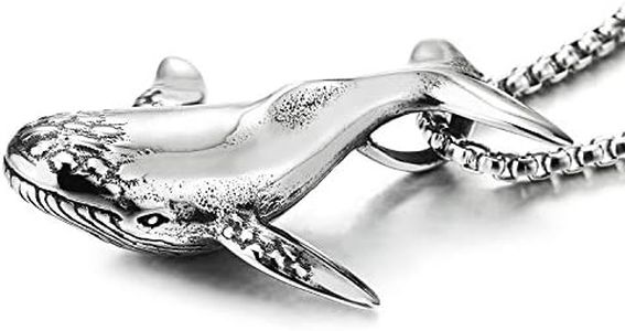 COOLSTEELANDBEYOND Annata Balena Ciondolo, Collana Uomo Donna, Acciaio Inossidabile, Catena del Grano 75cm, Unico