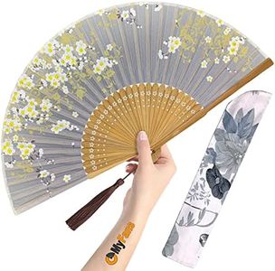 OMyFans Hand Fan for Women Foldable - Folding Chinese Japanese Vintage Bamboo Silk Fan - Ideal for Hot Flashes, Church, EDM, Festivals, Dancing and Gifts (Sakura-Gray)