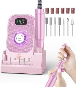 Portable Nail Drill Electric File: Professional Nail E File Machine 40000RPM Rechargeable Cordless Pink Diamond Nail Drill with Bits & Base for for Acrylic Nails Remove Gel Polish Manicure, Salon Home