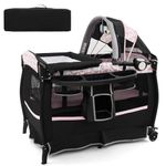 COSTWAY 4 in 1 Foldable Travel Cot, Portable Baby Bed Playard with Bassinet, Changing Table, Canopy, Music Box, Wheels, Carry Bag, Storage Rack, Nursery Center for Newborn Toddlers (Black+Pink Flower)