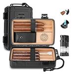 Kyrgyzst Travel Cigar Humidor Box Case - Cedar Wood Lined Cigar Humidor Holds 6 Cigars - Cigar Waterproof Case, Crushproof, Airtight Seal Portable - Cigars Gift Set for Men (Black)