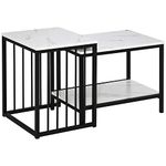 HOMCOM Modern Coffee Table Set of Two, Marble-Effect Nesting Side Tables with Steel Frame for Living Room, White and Black