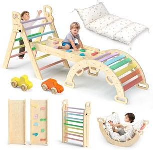 BlueWood Pikler Triangle Set with Cushion - Climbing Toys for Toddlers 9-in-1, Montessori Philosophy Play Jungle Gym with Arch, Ramp, Ladder (Rainbow)
