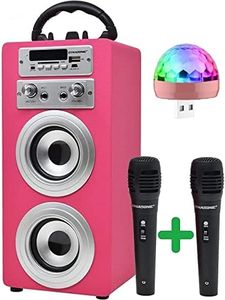 DYNASONIC - (3e génération Enceinte Bluetooth Portable avec Mode Karaoké et Microphones Inclus | Enceinte avec Lecteur USB et SD, Radio FM, Modèle 025 (Disco Lumieres, 025-Rose)