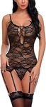 Xivir Women Lace Bodysuit Lingerie Set Babydoll Chemise with Garter Belts (Free Size, Black)