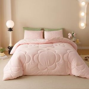 Cottonight Pink Sunflower Comforter Set Full Blush Pink Floral Bedding Set Women Girls Boho Farmhouse Chic Blanket Quilts Soft Breathable Baby Pink Full Size 3 Piece Bedding Set for Full Bed