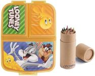 OM SUPPLIES Looney Tunes Heroes Reusable Sandwich Lunch Box 3 Multi Compartment Kids Children School Includes Half Size 12pcs Pencil Set (Looney)