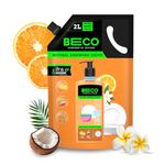 Beco Natural Dishwasher Liquid Refill | 2L Pack | Anti-Bacterial Formula | Orange Citrus Freshness | Ecofriendly Dish Washing Liquid Gel | Tough Grease Removal | Leaves No Residue on Utensils