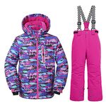 Girls Thicken Warm Snowsuit Hooded Ski Jacket Pants 2 Pcs Set Skiing Jacket with Pants(ZT,Rose 10)