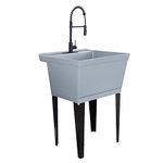 Utility Sink Extra-Deep Laundry Tub in Grey with High-Arc Coil Pull-Down Sprayer Faucet in Matte Black, Integrated Supply Lines, P-Trap Kit, Heavy Duty Floor Mounted Freestanding Wash Station