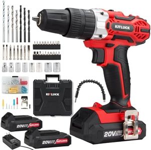 KITLUCK Cordless Drill Set, 20V Power Drill Kit with 2 X 2.0AH Battery, 44pcs Drill/Driver Bits, 1 Box Screws, Bubble Level, 3/8'' Chuck Electric Drill, 32NM, 21+3 Position, 2 Variable Speed