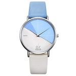 SHENGKE Creative Simplicity Women Watch Genuine Leather Elegant Women Watches Ladies Business Wristwatch(Black), K0095-Blue&White, Minimalist