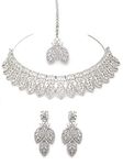 Karatcart Silver Tone Leaf Shape American Diamond Studded Necklace Set for Women