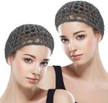 COMNICO Crochet Hair Net 2Pcs Mesh Cover Curls Hair Wrap Towels Sleeping Soft Nylon Bun Lifting Strap Thick Short Knit Snoods Hat Women Long Short Straight Curl Wig (Grey)