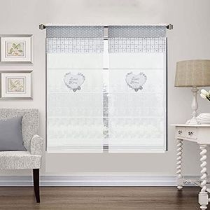 FYJS Paire de Rideaux de fenêtre Shabby Chic cœur en Tissu brodé Sweet Home, Rideau 60 x 240 cm 3D nœud Gris Blanc