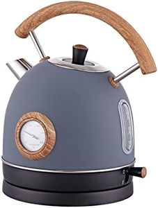 Retro Electric Kettle, 1.7L / 1500W Electric Tea Kettles for Boiling Water, Wood Pattern Handle Blue Stainless Steel Hot Water Boiler with Temperature Display, Auto Shut-off Boil-Dry Protection