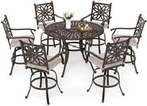 MFSTUDIO Cast Aluminum Bar Height Patio Dining Set of 7, Aluminum 54" Round Bar Height Table with Umbrella Hole and 6 Pieces Bar Height Swivel Stool, Brown