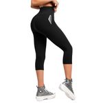 Walifrey High Waisted Capri Leggings for Women UK with Pockets ，3/4 Length Opaque Gym Leggings for Yoga Workout Black XXL