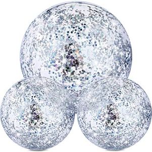 Hsei 3 Pieces Inflatable Beach Ball Glitter Beach Ball Floatable Confetti Ball for Summer Beach, Pool and Party Favor (Silver, 16 and 24 Inch)