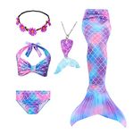 Mermaid Tails Swimsuit for Girls Swimming Kids Bikini Costume 5Pcs Sets with Flower Headband (No Monofin), Fdh48-a54, 7-8 Years