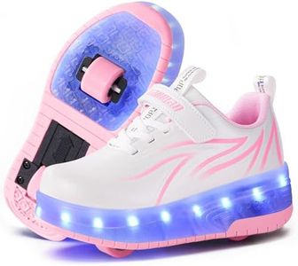 flintronic Girls LED Strips Roller Skate, Trainer Shoes with Double Wheels Inline, 7 Colors Change, USB Rechargeable Shoes, Pink