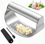 Yoboo® Garlic Press Garlic Crusher Kitchen Garlic Rocker 304 Stainless Steel Ginger Crusher Ergonomics Labor Saving Easy to Clean Garlic Peeler and Cleaning Brush Silver