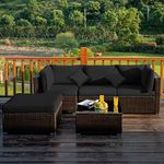 DORTALA 5 Piece Patio Furniture Set, Modular Outdoor Wicker Conversation Set w/Tempered Glass Table, Ottoman, Pillows, Free Combination All-Weather Cushioned Rattan Sectional Sofa Set for Backyard, Porch, Balcony, Black