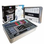 Zieler Ultimate Calligraphy Pen Set – 32-piece Gift Tin Set ● 4 Soft Grip Calligraphy Pens ● 5 free-flowing Nib sections ● 20 Ink cartridges ● Ink convertor ● with Calligraphy Starter Guide