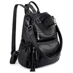 UTO Women Backpack Purse PU Washed Leather Convertible Ladies Rucksack Tassel Zipper Pocket Crossbody Shoulder Bag Black CA