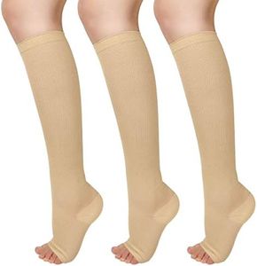 3 Pairs Open Toe Compression Socks Women Knee High Toeless 15-25 mmHg (S/M)