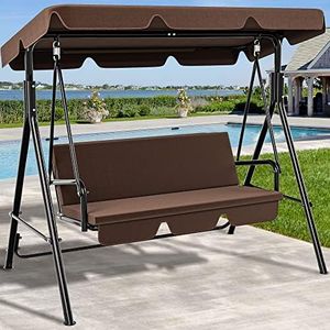 YITAHOME Balancelle de Jardin, 3 Places Balancelle Jardin Exterieur, Balancoire de Jardin avec Auvent Réglable et Coussin Amovible pour Porche, 270KG Chargeable, 170 x 110 x 153cm, Marron