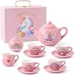 vamei Kids Porcelain Tea Set Unicorn Gift for Girls 3 4 5 6 7 Years, Unicorn Ceramic Tea Set with Teapot, Tea Cups, Sugar Bowl, Creamer Pitcher, Carrying Case Princess Tea Time Pretend Play Toys Girls