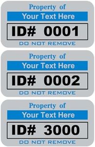 Custom Asset Tags for Equipment, Logistics & Supplies, Durable Metalized Silver Polyester 1x2 Inch (3000, Blue)