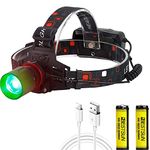 Green LED Head Torch Rechargeable, 600 Lumens Headlight with 3 Lighting Modes Head Torches LED Super Bright Headlamp for Hunting Coyote Hog Varmint Predator, Aviation, Night Observation, Running