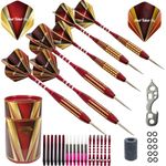 SHOT TAKER CO. EST. 2017 6pc Steel Tip Darts Set - Professional Darts for Dartboard - includes Barrels + Plastic/Aluminum Shafts + O'Rings + Flights + Sharpener + Wrench (21g-Red B-10412)